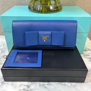 Prada Blue Saffiano Leather Bow Snap Wallet w/ ID Holder - NWOT Authentic w/ Box